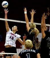 Senior Zhen Jia Liu skies for a ball against Fordham earlier this season.